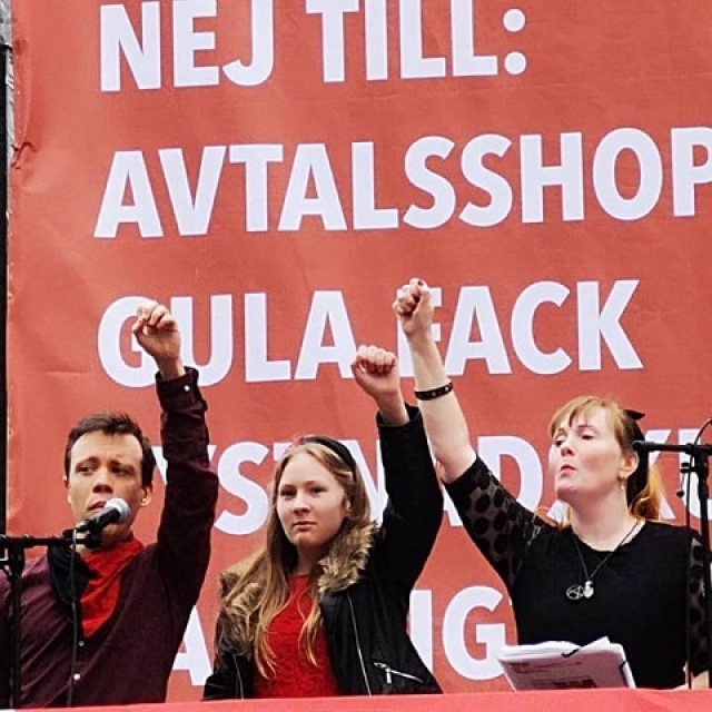 Demonstracja w obronie prawa do strajku zorganizowana przez SAC (Sztokholm, maj 2019)